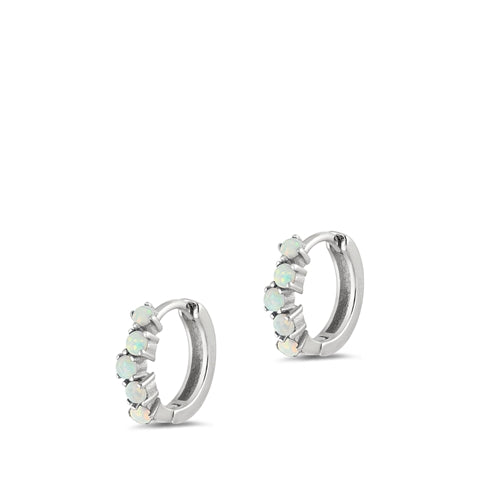 Sterling Silver Rhodium Plated Hoop White Lab Opal Earrings