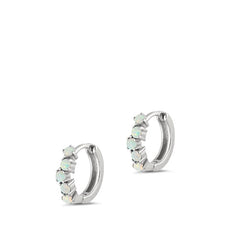 Sterling Silver Rhodium Plated Hoop White Lab Opal Earrings