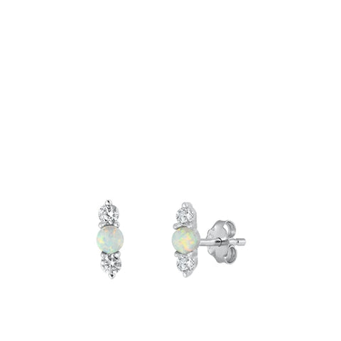 Sterling Silver Rhodium Plated White Lab Opal Earrings-9mm