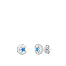 Load image into Gallery viewer, Sterling Silver Rhodium Plated Moon And Star Blue Lab Opal Earrings