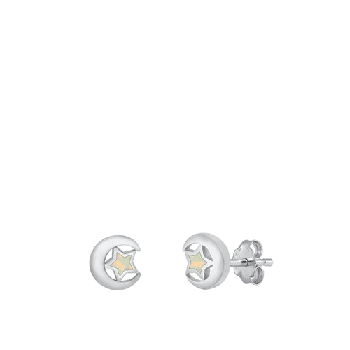 Sterling Silver Rhodium Plated Moon And Star White Lab Opal Earrings