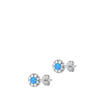 Sterling Silver Oxidized Flower Blue Lab Opal Earrings