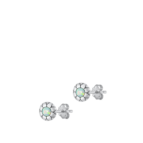 Sterling Silver Oxidized Flower White Lab Opal Earrings