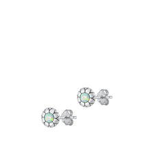 Load image into Gallery viewer, Sterling Silver Oxidized Flower White Lab Opal Earrings