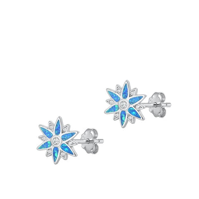 Sterling Silver Rhodium Plated Star Clear CZ And Blue Lab Opal Earrings