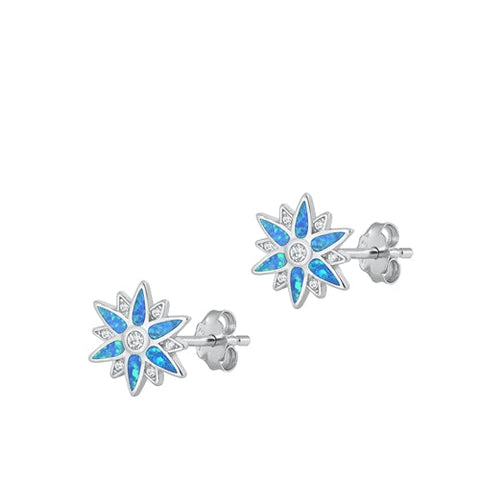 Sterling Silver Rhodium Plated Star Clear CZ And Blue Lab Opal Earrings