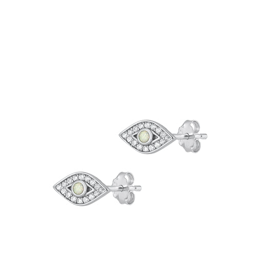 Sterling Silver Rhodium Plated Eye Clear CZ And White Lab Opal Earrings