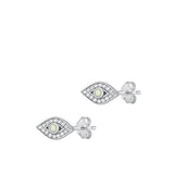 Sterling Silver Rhodium Plated Eye Clear CZ And White Lab Opal Earrings