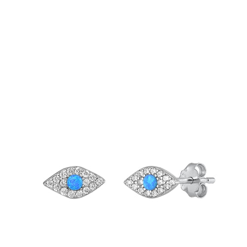 Sterling Silver Rhodium Plated Eye Blue Lab Opal and Clear CZ Earrings-6.6mm