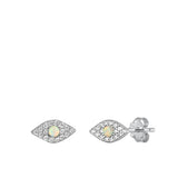 Sterling Silver Rhodium Plated Eye White Lab Opal and Clear CZ Earrings-6.6mm