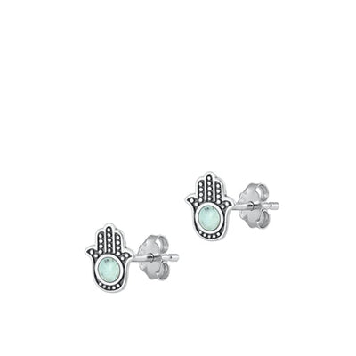 Sterling Silver Oxidized Hamsa Genuine Larimar Stone Earrings Face Height-9.1mm