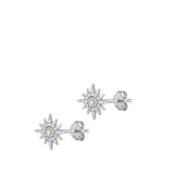 Sterling Silver Rhodium Plated Sun Clear CZ And White Lab Opal Earrings