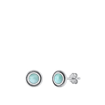 Sterling Silver Oxidized Round Genuine Larimar Stone Earrings Face Height-6.8mm
