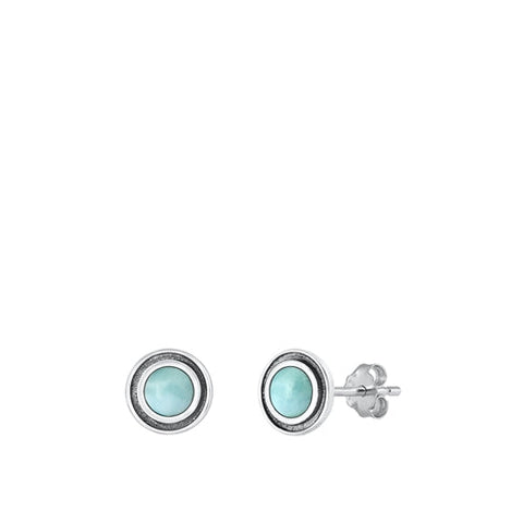 Sterling Silver Oxidized Round Genuine Larimar Stone Earrings Face Height-6.8mm