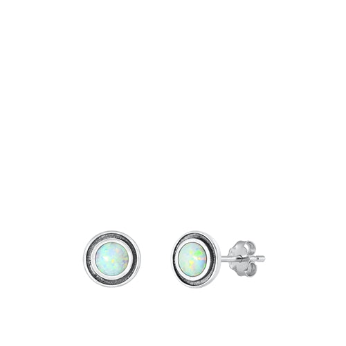 Sterling Silver Oxidized Round White Lab Opal Earrings Face Height-7mm