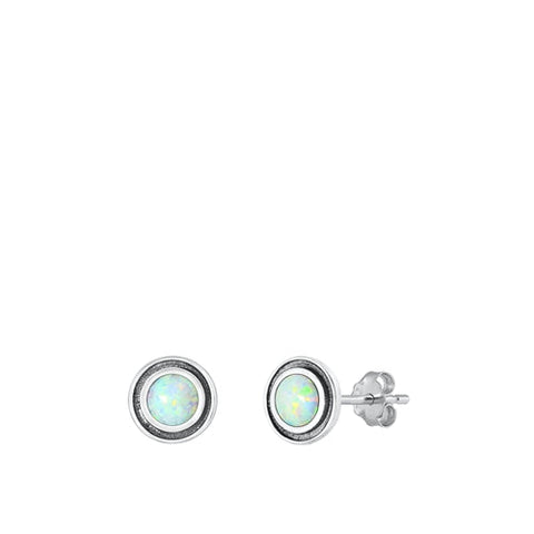Sterling Silver Oxidized Round White Lab Opal Earrings Face Height-7mm