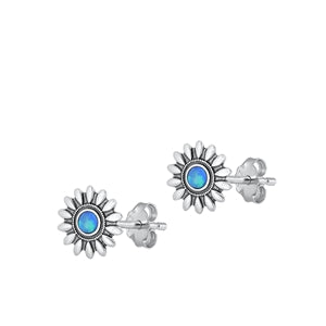 Sterling Silver Rhodium Plated Flower Blue Lab Opal Earrings Face Height-11.8mm