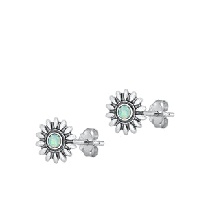 Sterling Silver Rhodium Plated Flower White Lab Opal Earrings Face Height-11.8mm