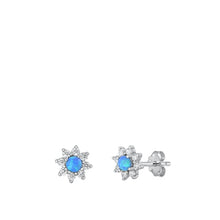 Load image into Gallery viewer, Sterling Silver Rhodium Plated Flower Clear CZ And Blue Lab Opal Earrings