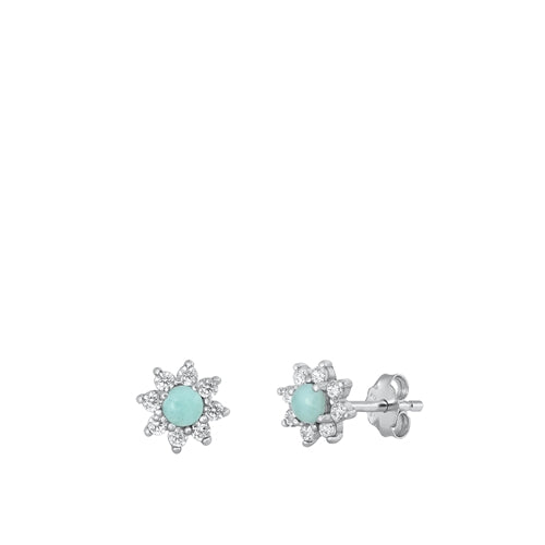 Sterling Silver Rhodium Plated Flower Genuine Larimar Stone Earrings Face Height-7.4mm