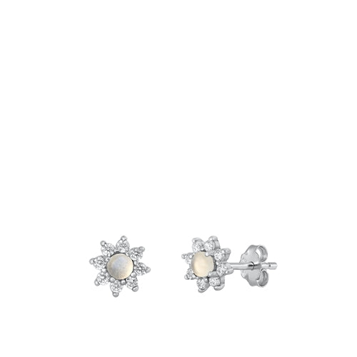 Sterling Silver Rhodium Plated Flower Moonstone Earrings Face Height-7.4mm