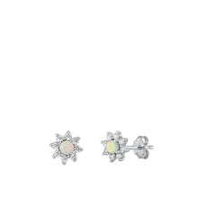 Load image into Gallery viewer, Sterling Silver Rhodium Plated Flower Clear CZ And White Lab Opal Earrings