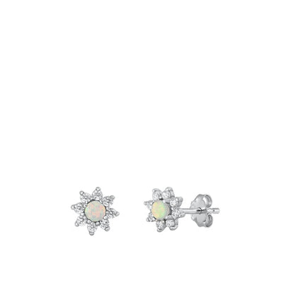 Sterling Silver Rhodium Plated Flower Clear CZ And White Lab Opal Earrings
