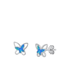 Sterling Silver Rhodium Plated Butterfly Blue Lab Opal Earrings