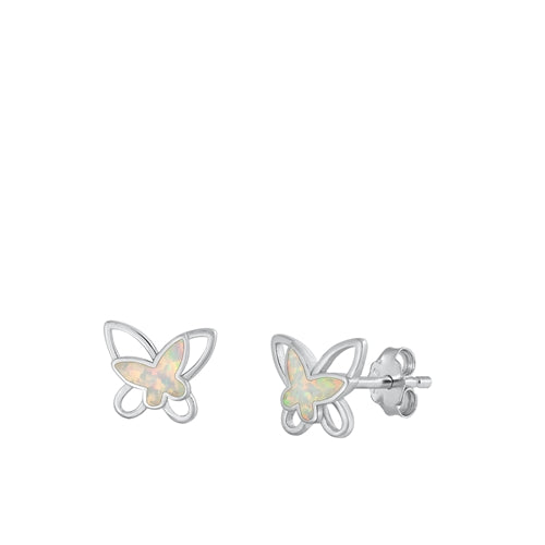 Sterling Silver Rhodium Plated Butterfly White Lab Opal Earrings