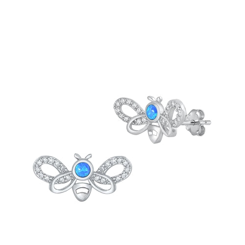 Sterling Silver Rhodium Plated Bee Blue Lab Opal And Clear CZ Earrings