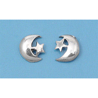 Sterling Silver Moon W/ Star Small Stud Earrings