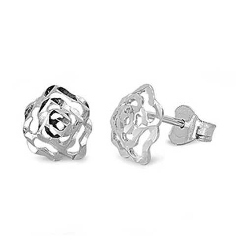 Sterling Silver Rose Shaped Small Stud Earrings With Cubic Zirconia Stones