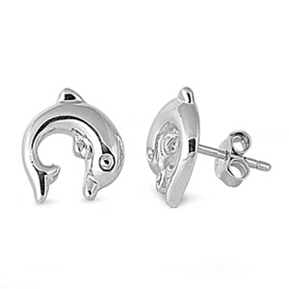 Sterling Silver Small Dolphin Stud Earrings with Friction Back PostAnd Height 10MM