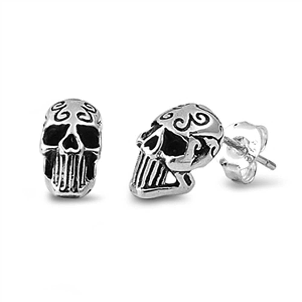 Sterling Silver Fancy Skull Head Stud Earring with Friction Back PostAnd Earring Height of 10MM
