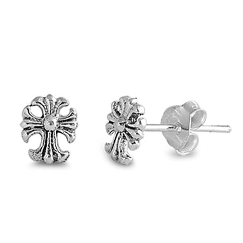 Sterling Silver Small Fancy Cross Stud Earrings with Friction Back PostAnd Height 7MM