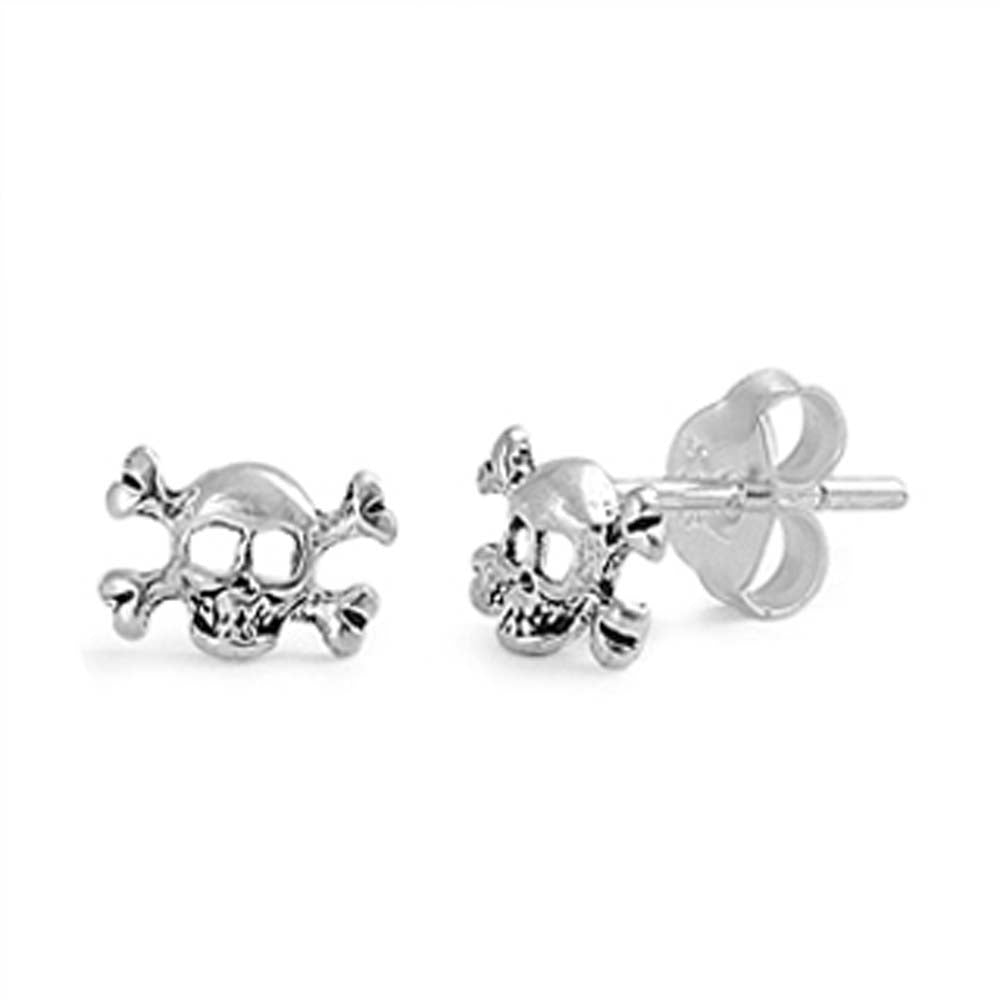 Sterling Silver Small Cossbones Skull Stud Earrings with Friction Back Post Height 4MM