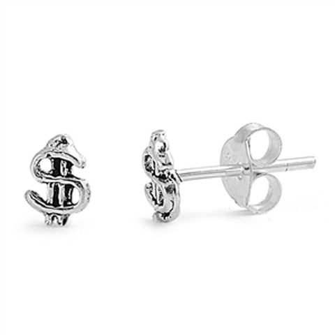 Sterling Silver Small Dollar Sign Stud Earrings with Friction Back PostAnd Height 6MM