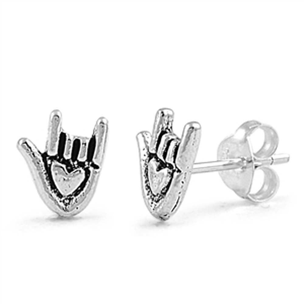 Sterling Silver Small Hand Sign Stud Earrings with Friction Back PostAnd Height 8MM