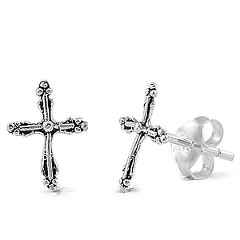 Sterling Silver Fancy Small Cross Stud Earrings with Friction Back PostAnd Height 10MM