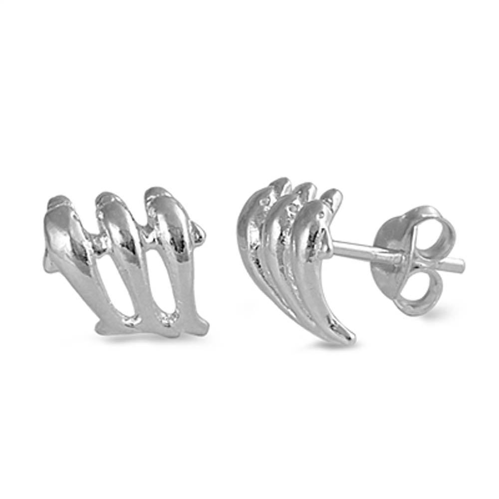 Sterling Silver Fancy Three Dolphins Stud Earring with Friction Back PostAnd Earring Height of 8MM