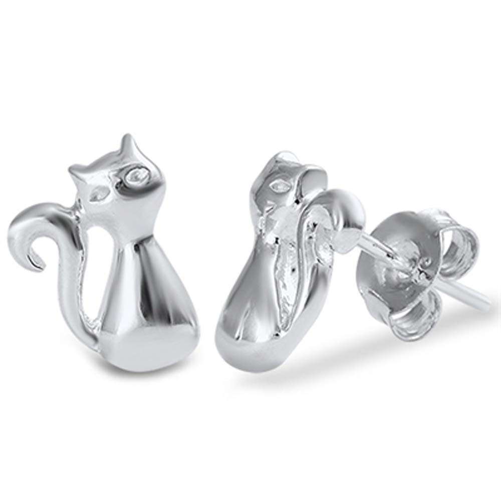 Sterling Silver Fancy Cat Stud Earring with Friction Back PostAnd Earring Heigth of 10MM