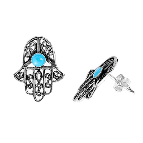 Sterling Silver Hamsa Shaped With Blue Opal Plain EarringsAnd Earring Height 17 mm