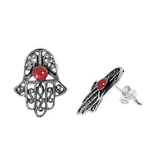 Load image into Gallery viewer, Sterling Silver Hamsa Shaped Plain Earrings With Ruby CZAnd Earring Height 17 mm