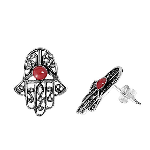 Sterling Silver Hamsa Shaped Plain Earrings With Ruby CZAnd Earring Height 17 mm