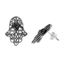 Load image into Gallery viewer, Sterling Silver Hamsa Shaped Plain Earrings With Black CZAnd Earring Height 17 mm