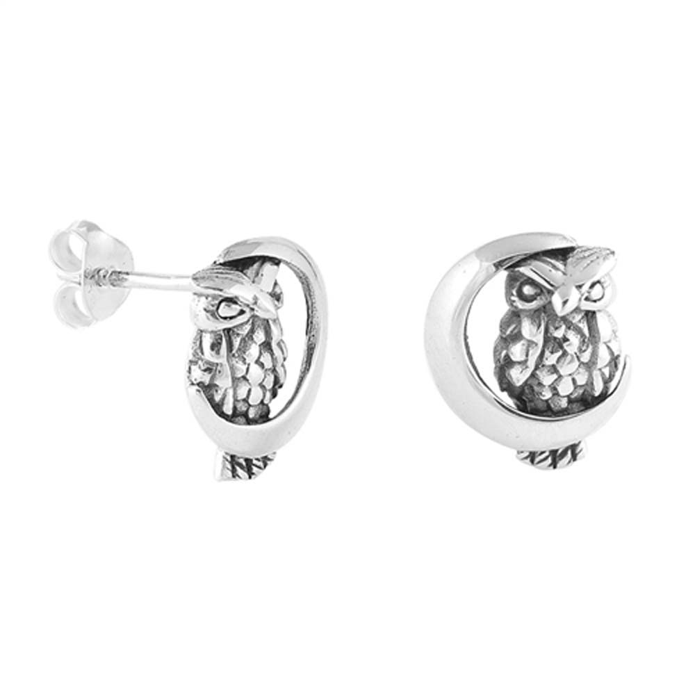 Sterling Silver Owl On The Moon Shaped Small Stud EarringsAnd Earrings Height 12mm