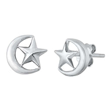Load image into Gallery viewer, Sterling Silver Rhodium Plated Moon and Star Small Stud Earrings
