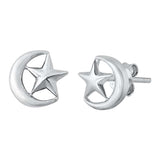 Sterling Silver Rhodium Plated Moon and Star Small Stud Earrings