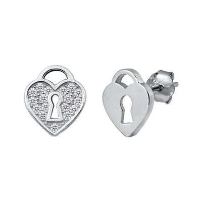 Sterling SilverCZ Heart Lock Small Stud Earrings