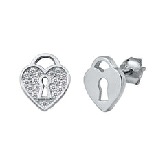 Sterling SilverCZ Heart Lock Small Stud Earrings